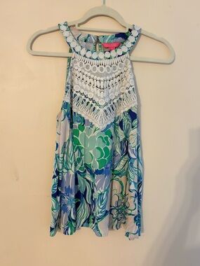 LILLY PULITZER Crochet Yoke Floral Halter Tank Top - Blue & Green
